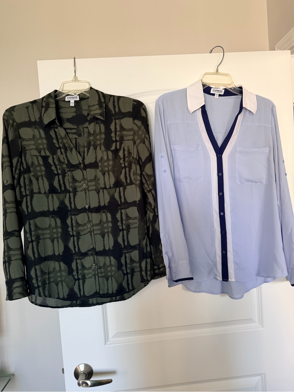 BUNDLE - Express Women’ Portofino Shirt Duo - Olive Green Pattern & Light Blue